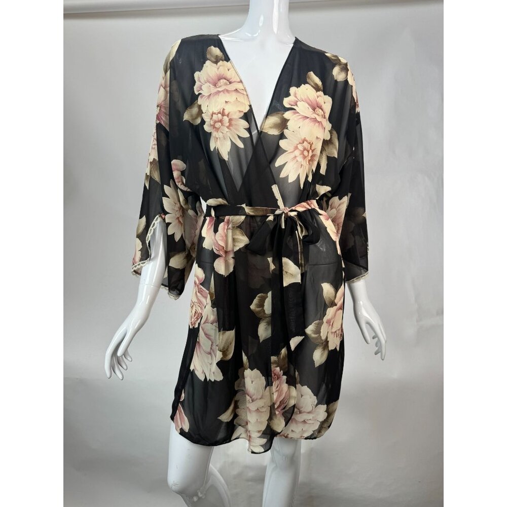 California Dynasty Sheer Floral Kimono Robe Medium
